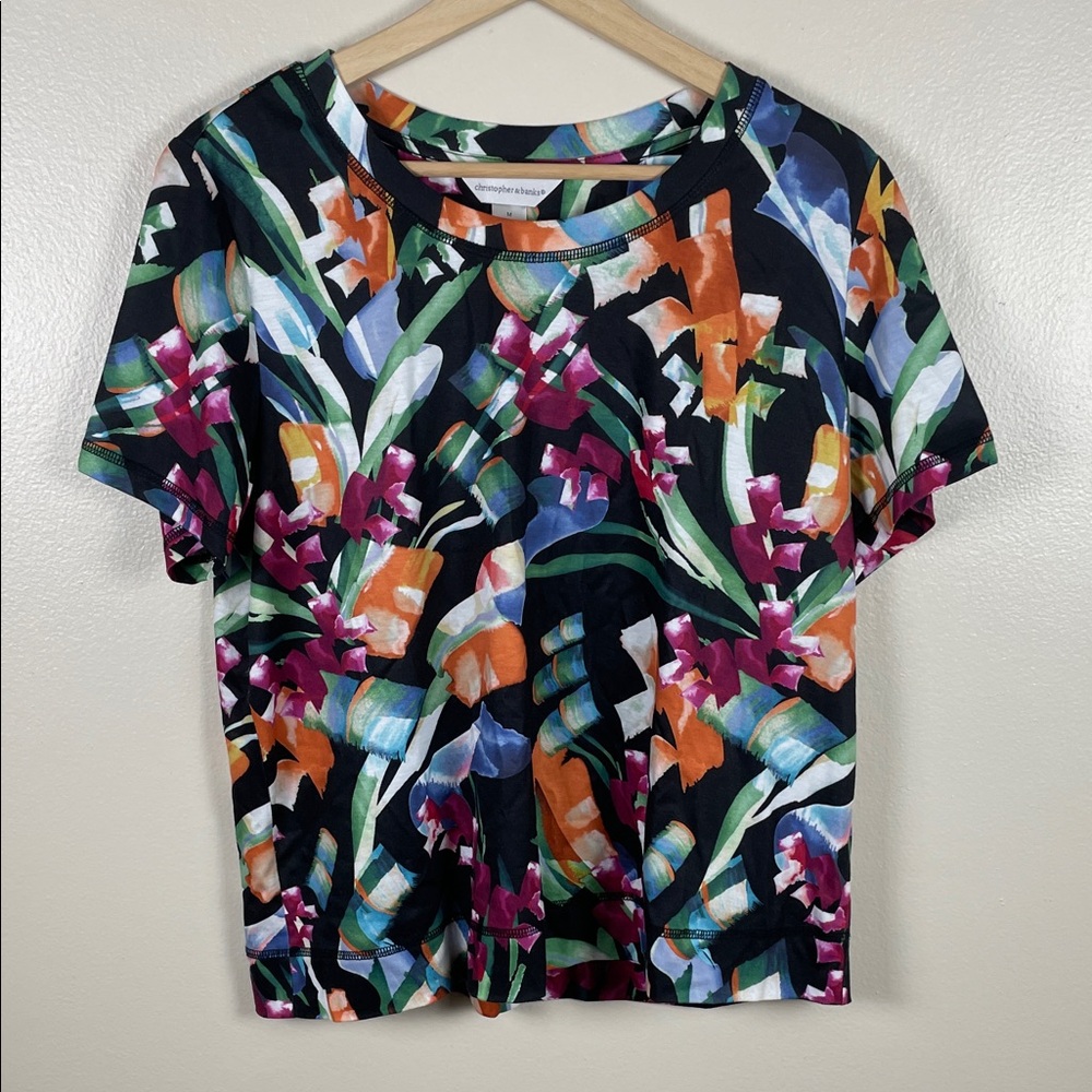 NEW Christopher & Banks Med Black Floral Short Sleeve Tee with Multicolor Blooms